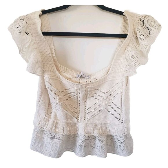 Zara Tops - Zara Crocheted Top Crop Lace Boho Peasant Large Flutter Sleeve Festival Babydoll
